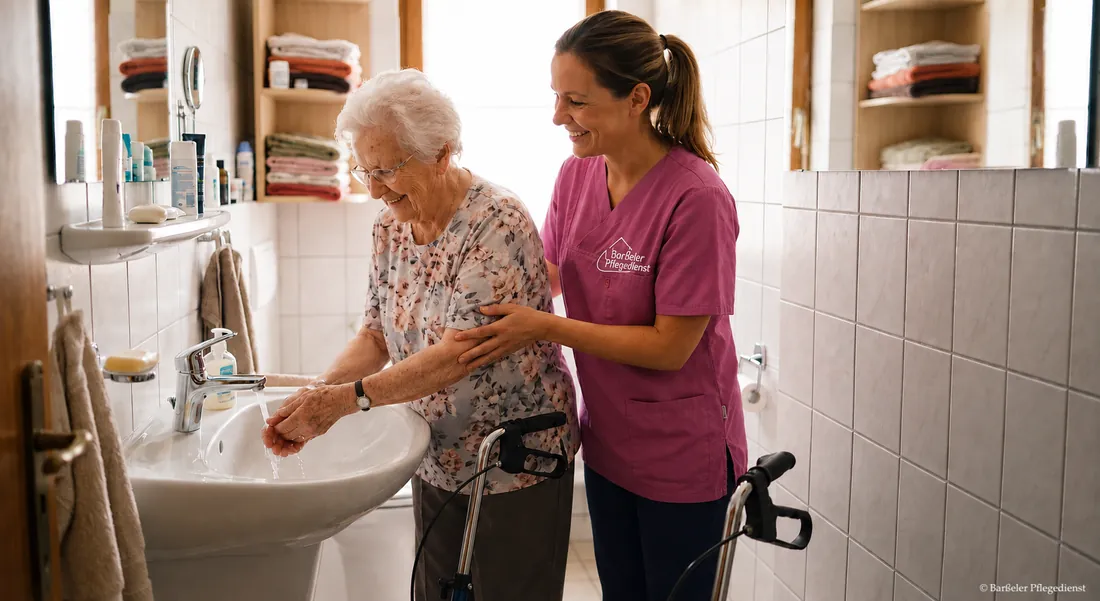 Beispielbild Grundpflege: Unterstützung einer Seniorin beim Händewaschen